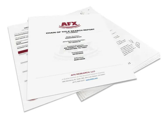 Sample pages from a chain of title search report listing owners of record, conveyance dates, and the legal description