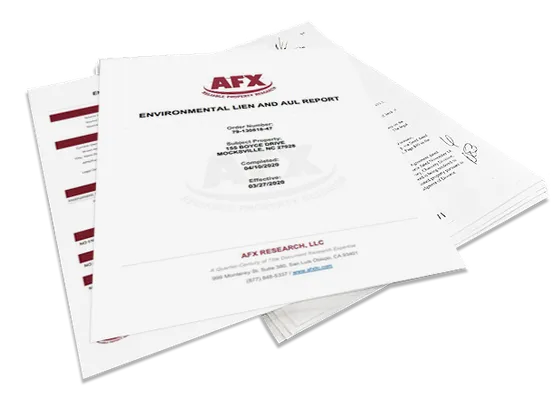 Sample pages from an environmental lien and AUL report showing the lien summary, the AUL summary, and the legal description